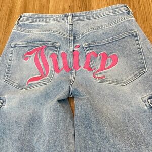 Juicy Couture Wide Leg Cargo Jeans 7 28 Y2K Low Rise Pink Logo Denim